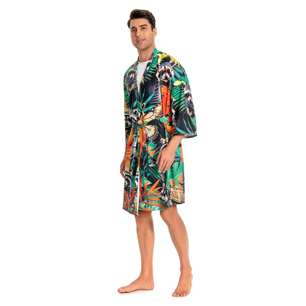 OLAOLA Men Smock Adult Green Raccoon Pattern Animal Printed Beach Robe Bathrobe Soft Casual Homewear