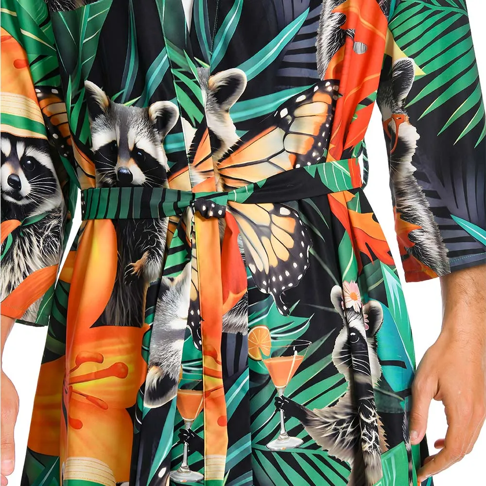 OLAOLA Men Smock Adult Green Raccoon Pattern Animal Printed Beach Robe Bathrobe Soft Casual Homewear