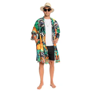 OLAOLA Men Smock Adult Green Raccoon Pattern Animal Printed Beach Robe Bathrobe Soft Casual Homewear