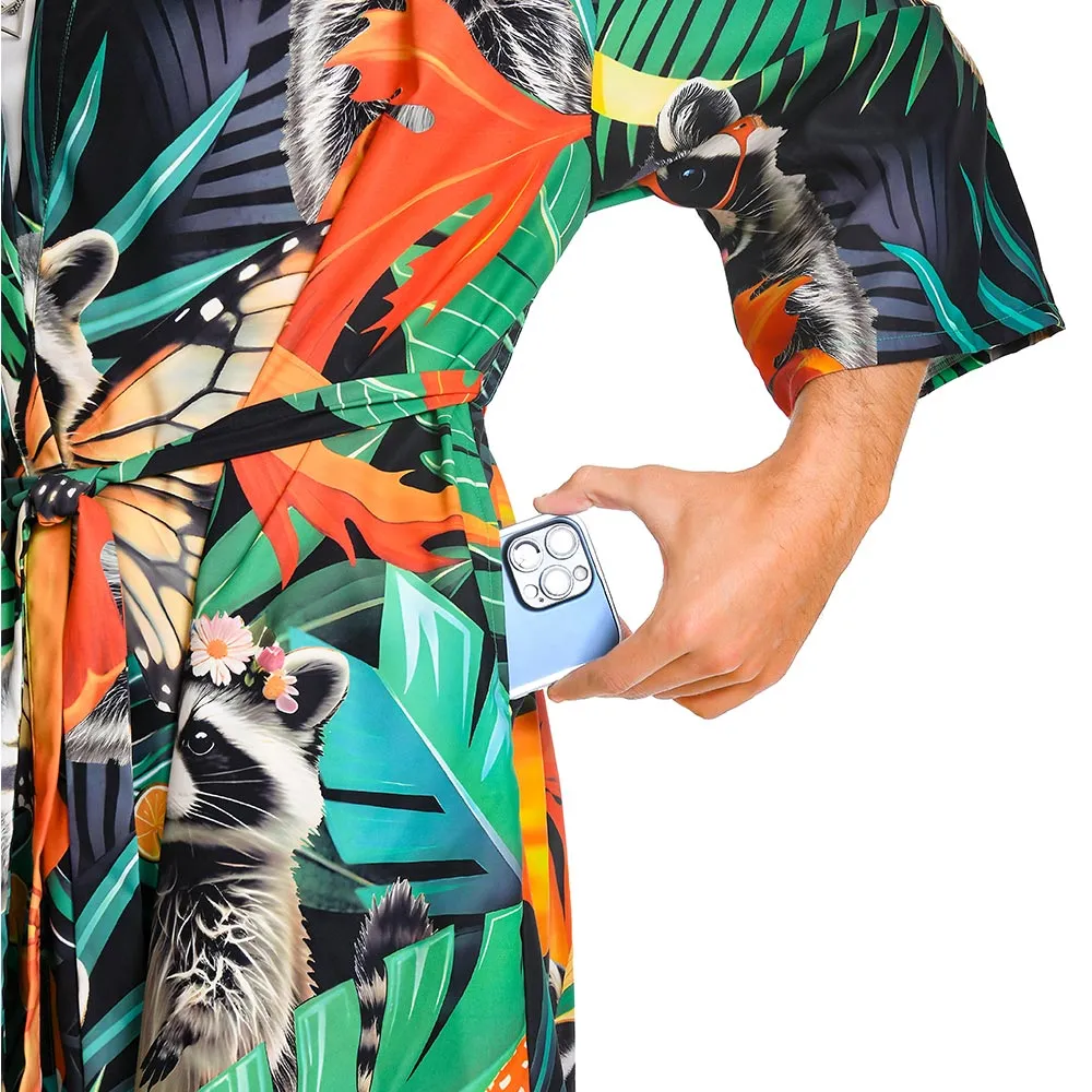 OLAOLA Men Smock Adult Green Raccoon Pattern Animal Printed Beach Robe Bathrobe Soft Casual Homewear