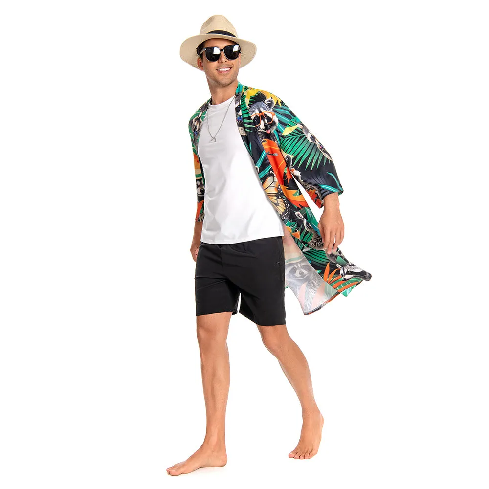 OLAOLA Men Smock Adult Green Raccoon Pattern Animal Printed Beach Robe Bathrobe Soft Casual Homewear