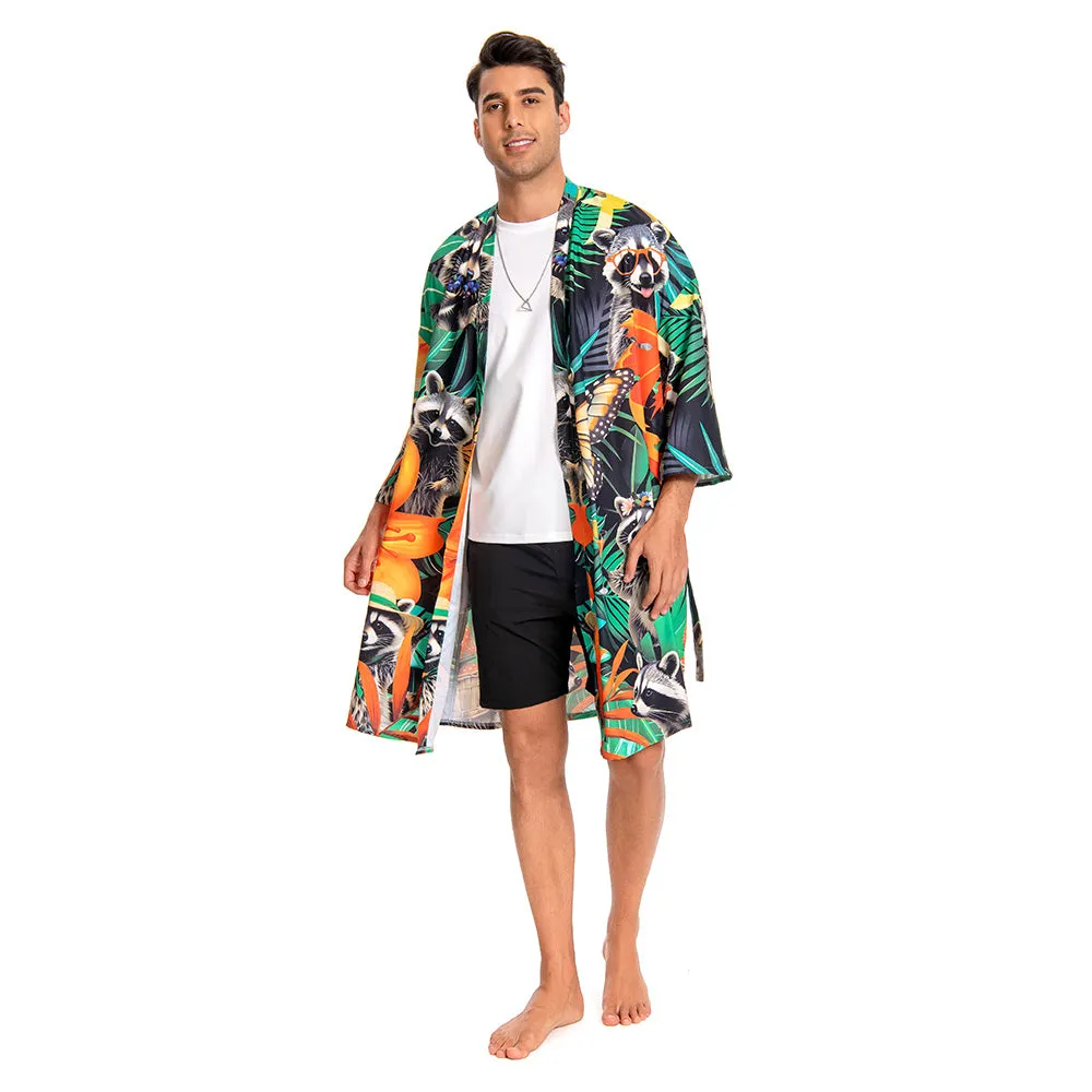OLAOLA Men Smock Adult Green Raccoon Pattern Animal Printed Beach Robe Bathrobe Soft Casual Homewear