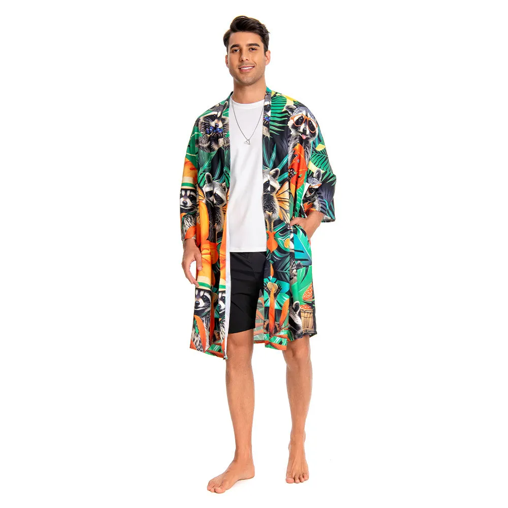 OLAOLA Men Smock Adult Green Raccoon Pattern Animal Printed Beach Robe Bathrobe Soft Casual Homewear