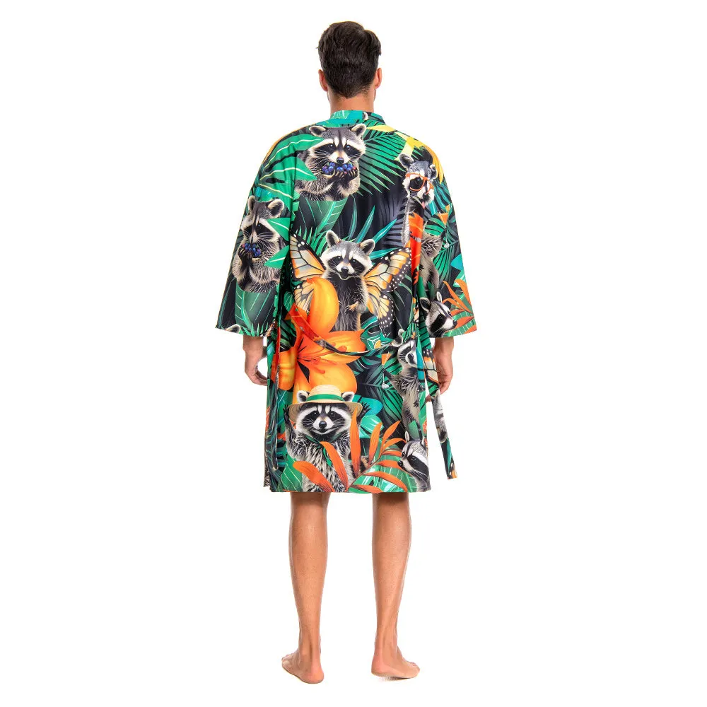 OLAOLA Men Smock Adult Green Raccoon Pattern Animal Printed Beach Robe Bathrobe Soft Casual Homewear