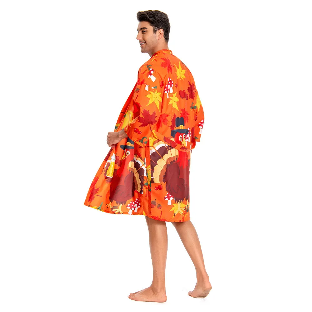 OLAOLA Men Smock Adult Orange Turkey Pattern Animal Printed Beach Robe Bathrobe Soft Casual Homewear