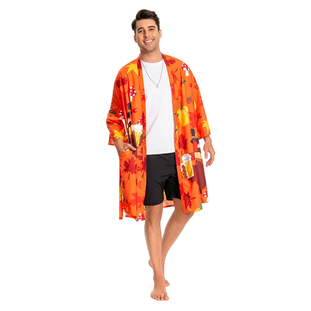 OLAOLA Men Smock Adult Orange Turkey Pattern Animal Printed Beach Robe Bathrobe Soft Casual Homewear