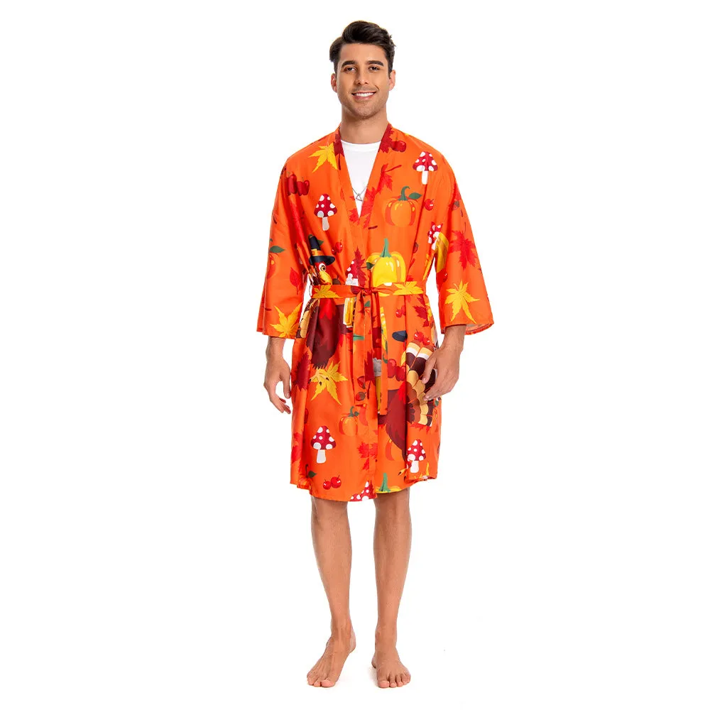 OLAOLA Men Smock Adult Orange Turkey Pattern Animal Printed Beach Robe Bathrobe Soft Casual Homewear