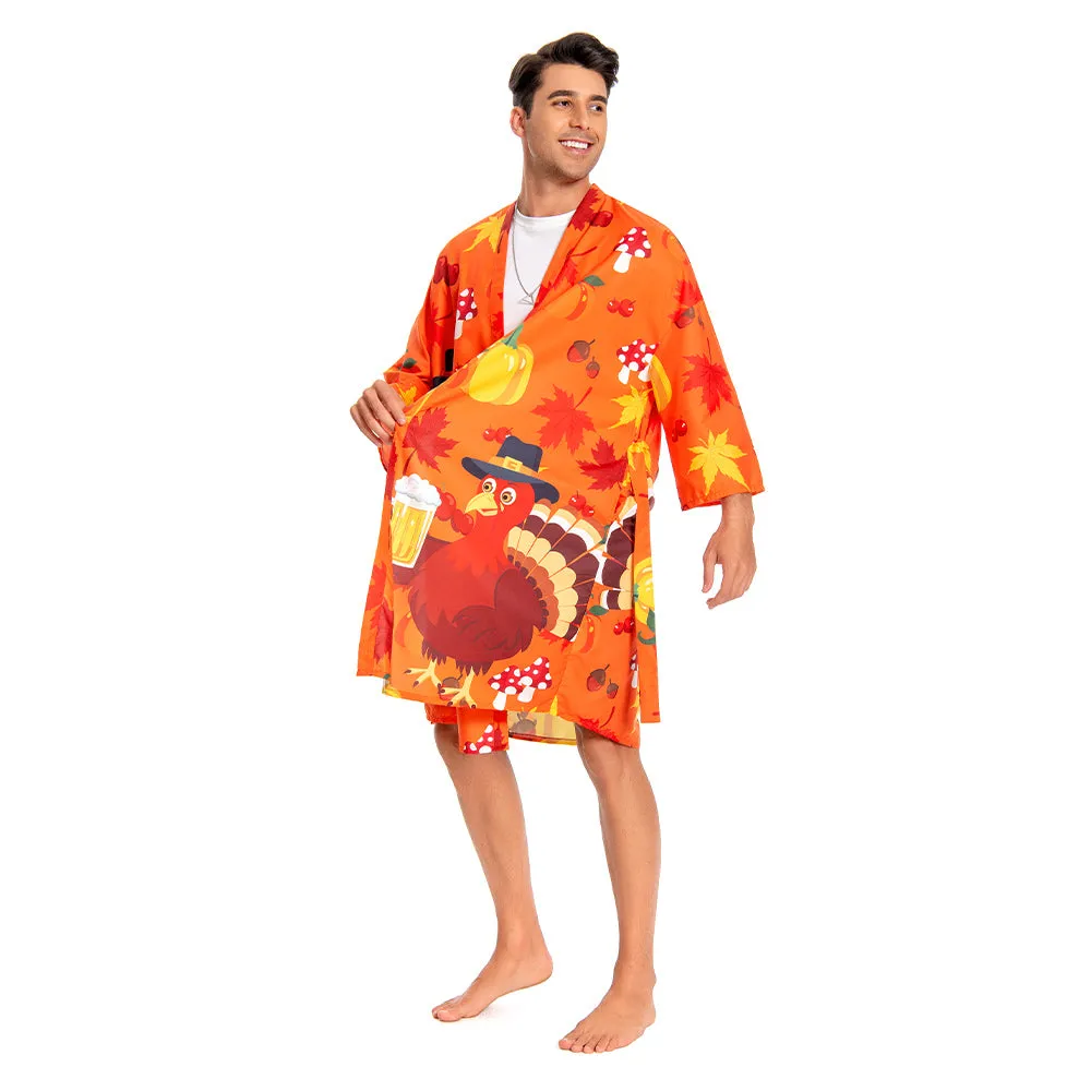 OLAOLA Men Smock Adult Orange Turkey Pattern Animal Printed Beach Robe Bathrobe Soft Casual Homewear