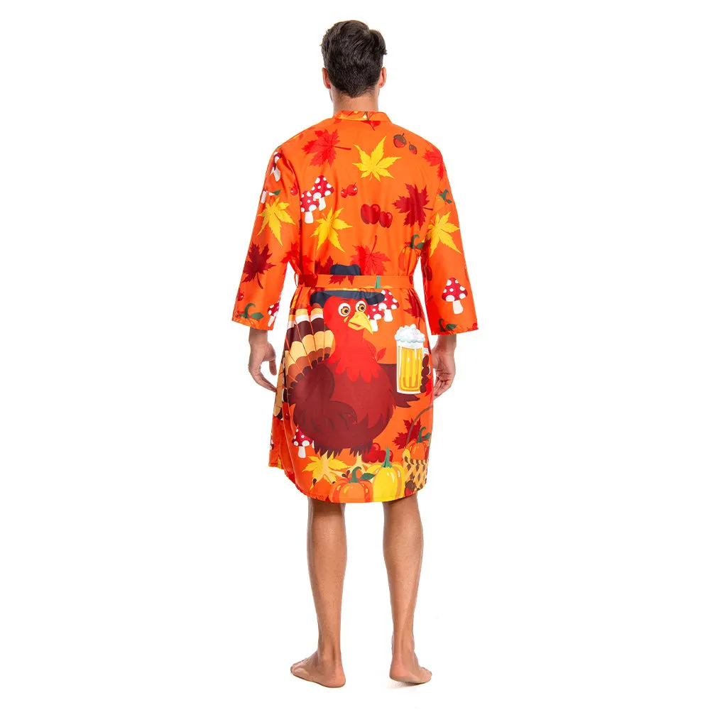 OLAOLA Men Smock Adult Orange Turkey Pattern Animal Printed Beach Robe Bathrobe Soft Casual Homewear