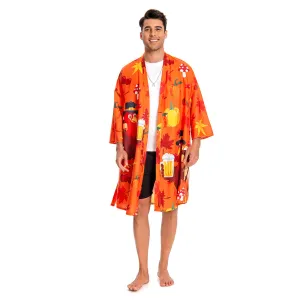 OLAOLA Men Smock Adult Orange Turkey Pattern Animal Printed Beach Robe Bathrobe Soft Casual Homewear