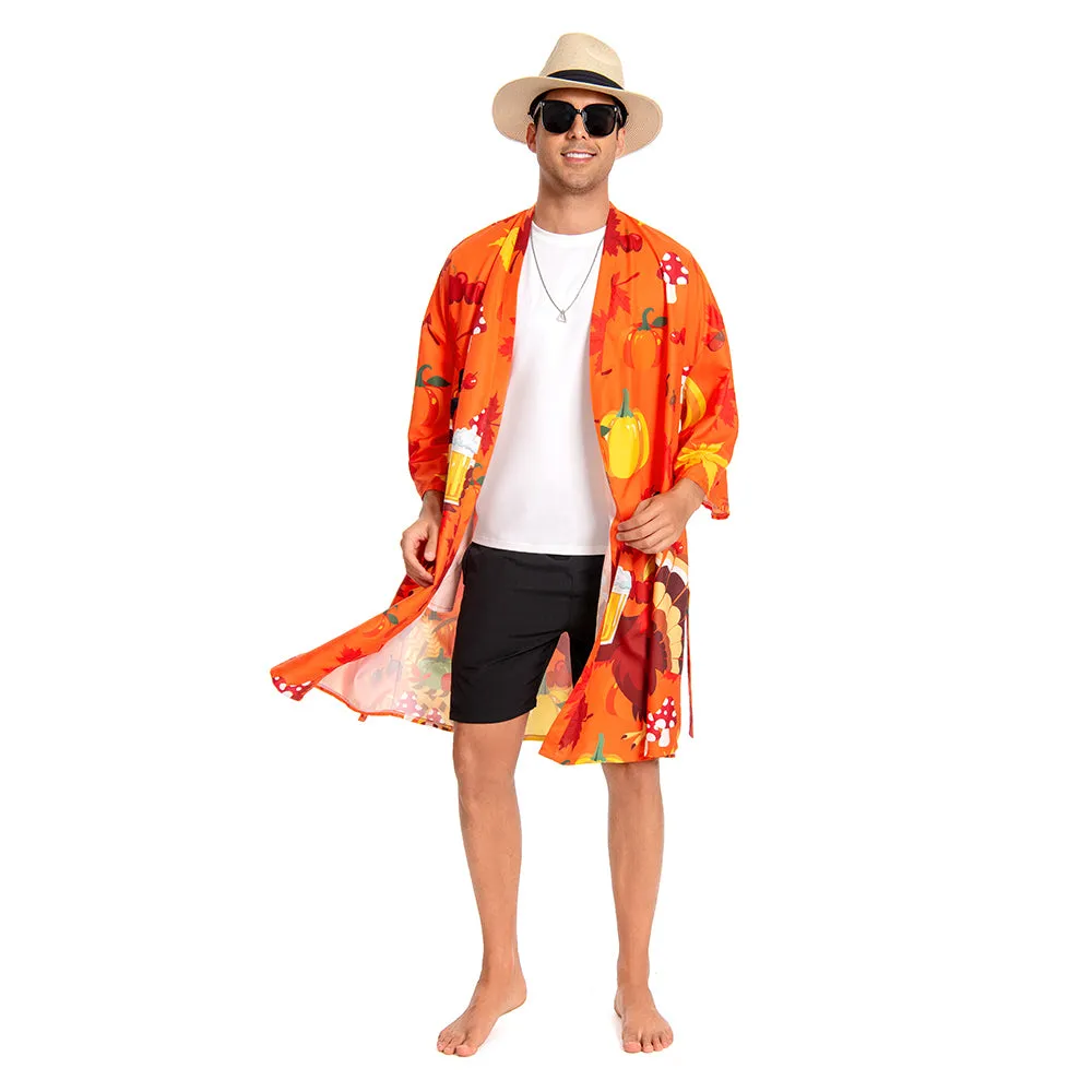 OLAOLA Men Smock Adult Orange Turkey Pattern Animal Printed Beach Robe Bathrobe Soft Casual Homewear