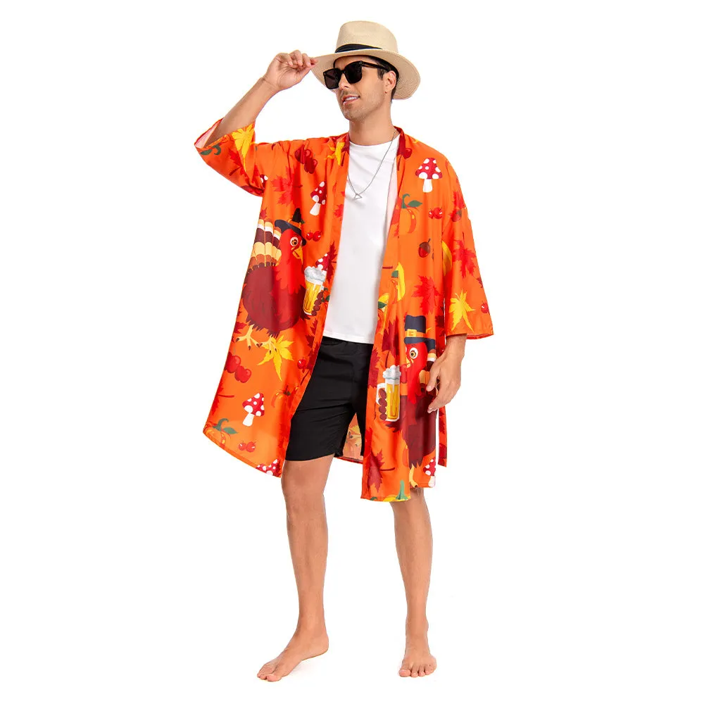 OLAOLA Men Smock Adult Orange Turkey Pattern Animal Printed Beach Robe Bathrobe Soft Casual Homewear