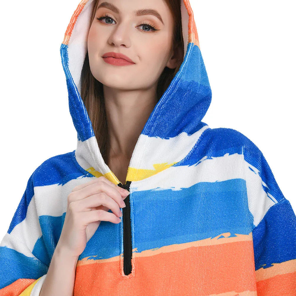 OLAOLA Unisex Adult Printed Stripes Blue Beach Towels Blanket Poncho Plush Soft Absorbent Microfibre Outdoor Homewear