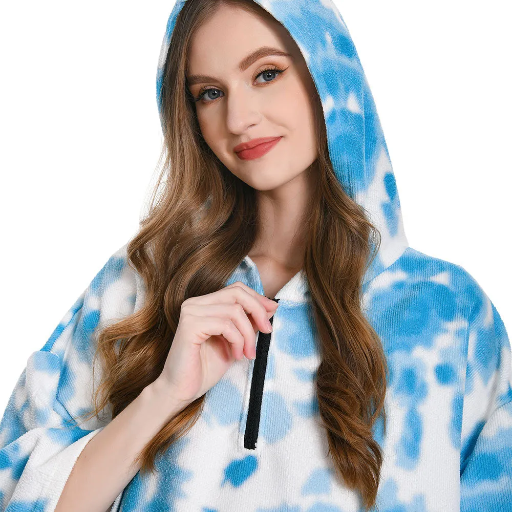OLAOLA Unisex Adult Printed Tie-dye Blue White Beach Towels Blanket Poncho Plush Soft Absorbent Microfibre Outdoor Homewear