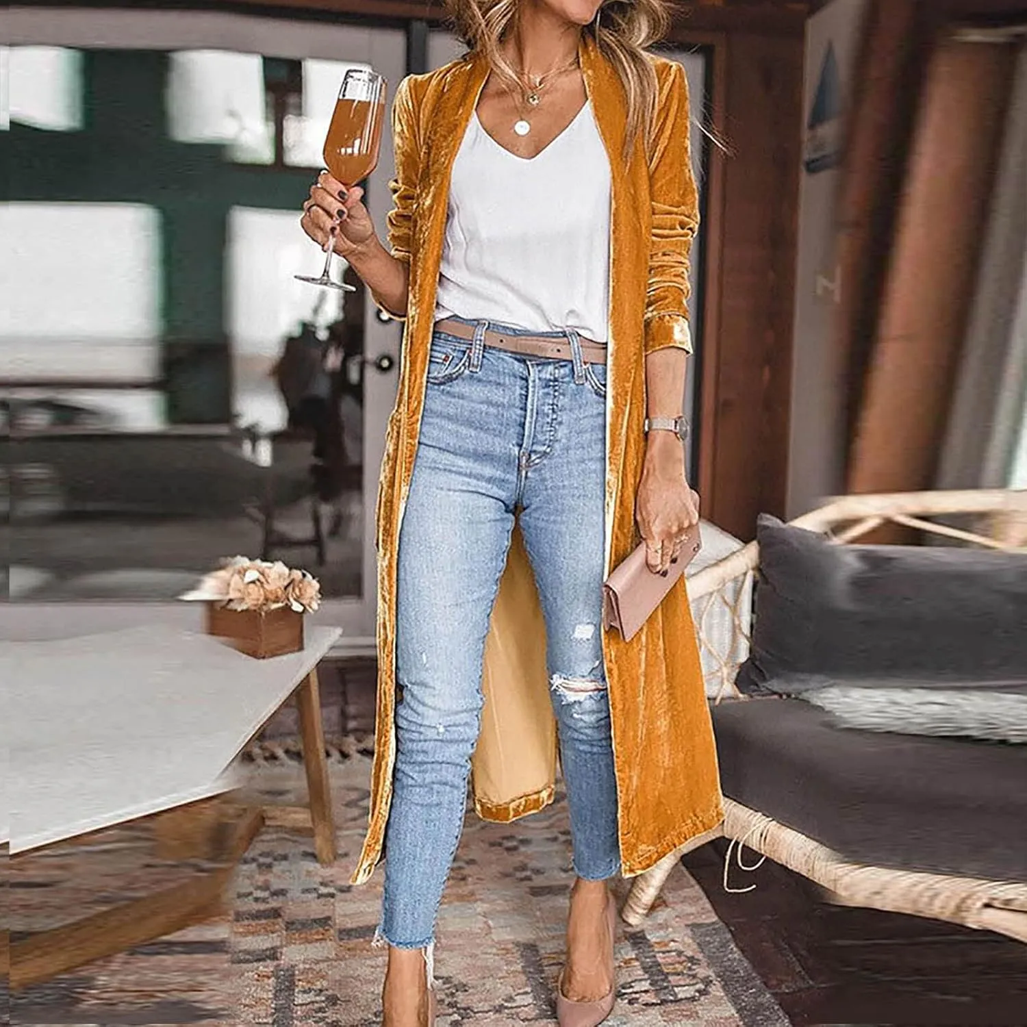 Open Front Cardigan for Women Gold Velvet Cardigan Jacket Lapel Collar Open Front Vintage Cardigan Fall Fashion Coats