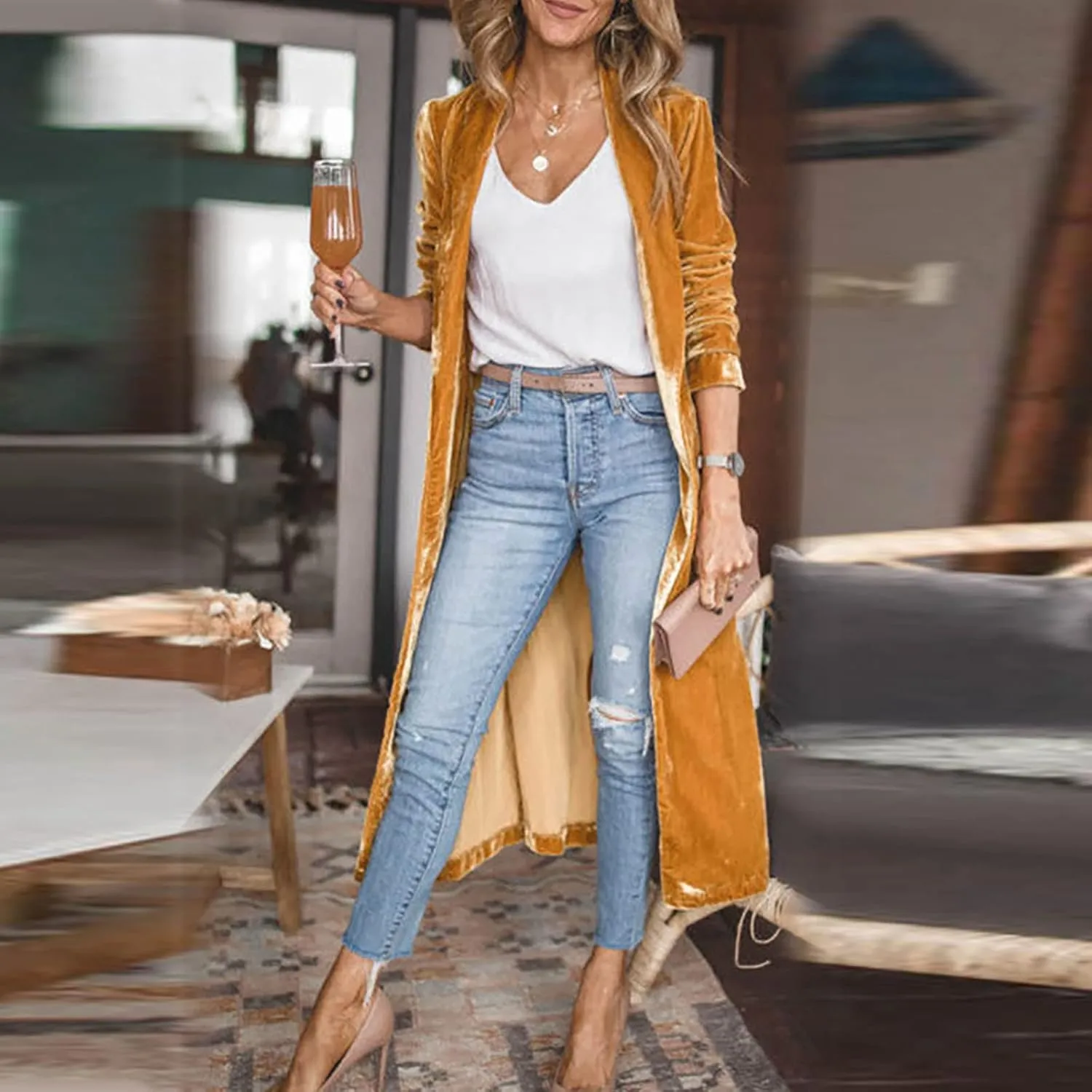Open Front Cardigan for Women Gold Velvet Cardigan Jacket Lapel Collar Open Front Vintage Cardigan Fall Fashion Coats