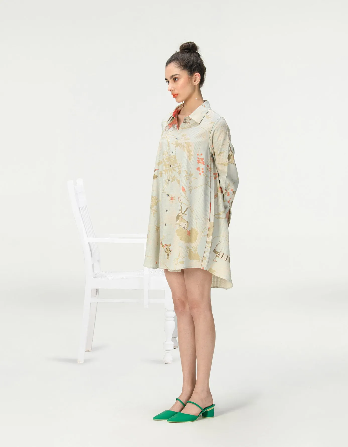 Oversized Shirt Cotton Silk Check Ice Blue