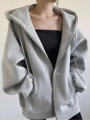 Oversized Zip-Up Hoodie – Thickened Korean Fashion Winter Sweatshirt for Women