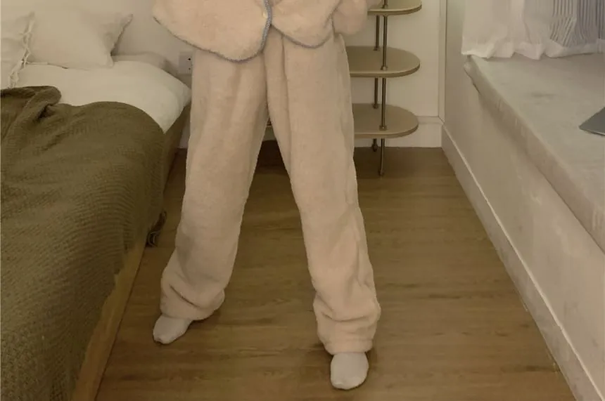 Pajama Set: Bear Embroidered Coral Fleece Button-Up Top   Pants