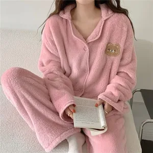 Pajama Set: Bear Embroidered Coral Fleece Button-Up Top   Pants