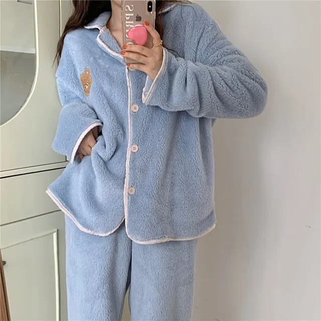 Pajama Set: Bear Embroidered Coral Fleece Button-Up Top   Pants
