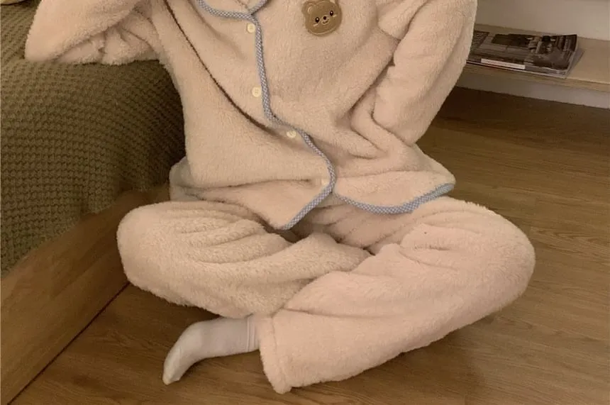 Pajama Set: Bear Embroidered Coral Fleece Button-Up Top   Pants
