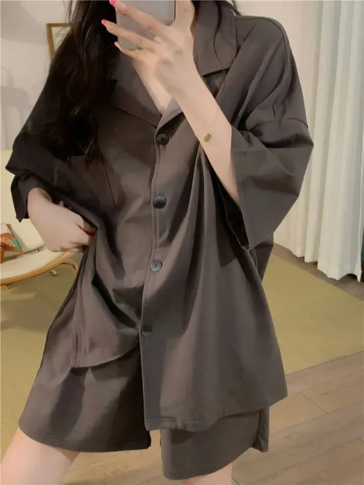 Pajama Sets Women Pure Simple Nightwear Loose Unisex Korean Style Female Turn-down Collar Fashion Comfortable Homewear Summer X4593861