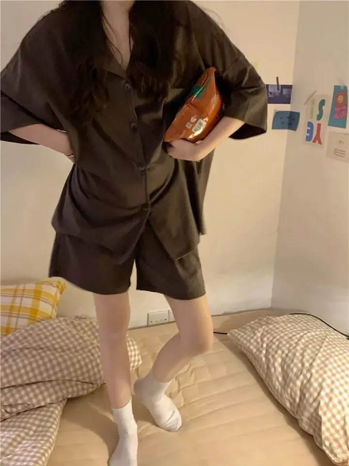 Pajama Sets Women Pure Simple Nightwear Loose Unisex Korean Style Female Turn-down Collar Fashion Comfortable Homewear Summer X4593861