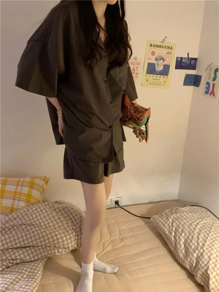 Pajama Sets Women Pure Simple Nightwear Loose Unisex Korean Style Female Turn-down Collar Fashion Comfortable Homewear Summer X4593861