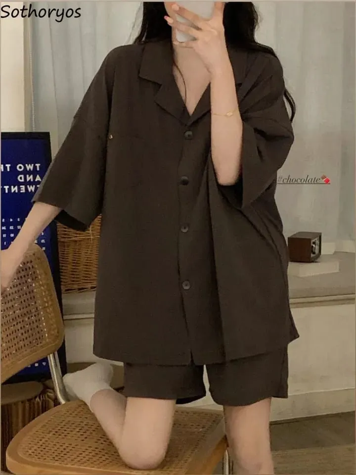 Pajama Sets Women Pure Simple Nightwear Loose Unisex Korean Style Female Turn-down Collar Fashion Comfortable Homewear Summer X4593861
