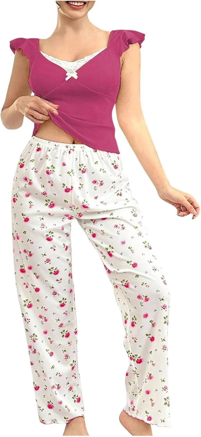 Pajamas Sets for Women Summer Ruffle Sleeve Cute Bow Top and Floral Pjs Pants 2 Pieces Lounge Sleepwear