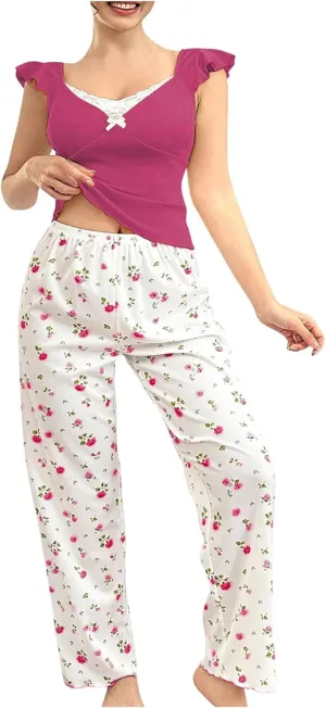 Pajamas Sets for Women Summer Ruffle Sleeve Cute Bow Top and Floral Pjs Pants 2 Pieces Lounge Sleepwear
