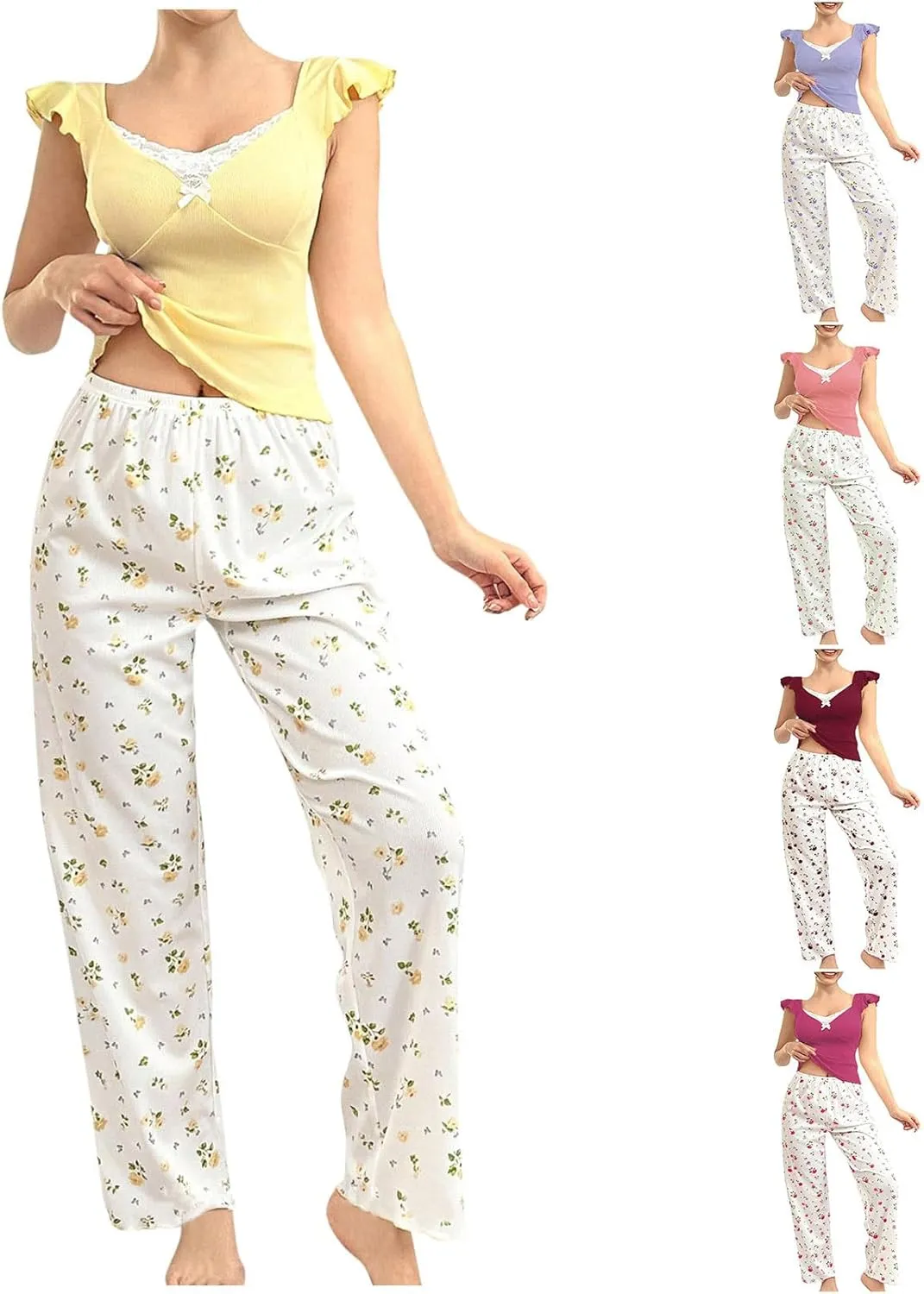 Pajamas Sets for Women Summer Ruffle Sleeve Cute Bow Top and Floral Pjs Pants 2 Pieces Lounge Sleepwear
