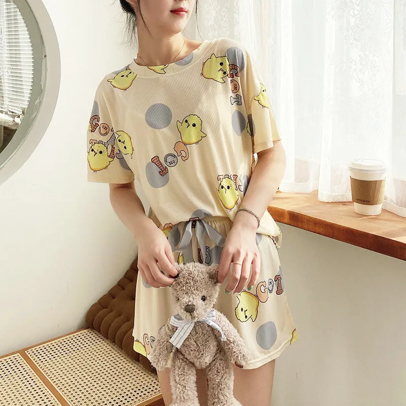 Pajamas Women Summer Silk Short Sleeve Shorts Korean Student Cartoon Outdoor Loungewear Two-Piece Sets Sleepwear