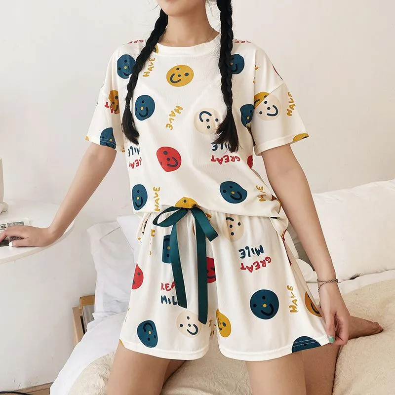 Pajamas Women Summer Silk Short Sleeve Shorts Korean Student Cartoon Outdoor Loungewear Two-Piece Sets Sleepwear