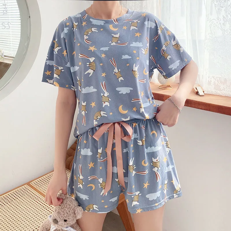 Pajamas Women Summer Silk Short Sleeve Shorts Korean Student Cartoon Outdoor Loungewear Two-Piece Sets Sleepwear