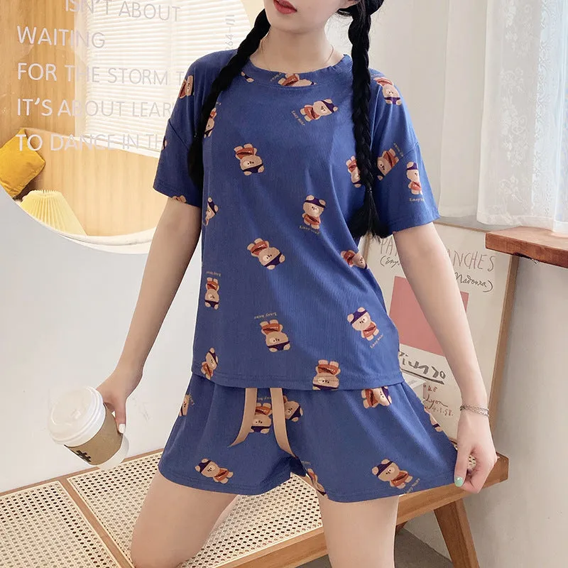 Pajamas Women Summer Silk Short Sleeve Shorts Korean Student Cartoon Outdoor Loungewear Two-Piece Sets Sleepwear