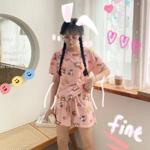 Pajamas Women Summer Silk Short Sleeve Shorts Korean Student Cartoon Outdoor Loungewear Two-Piece Sets Sleepwear