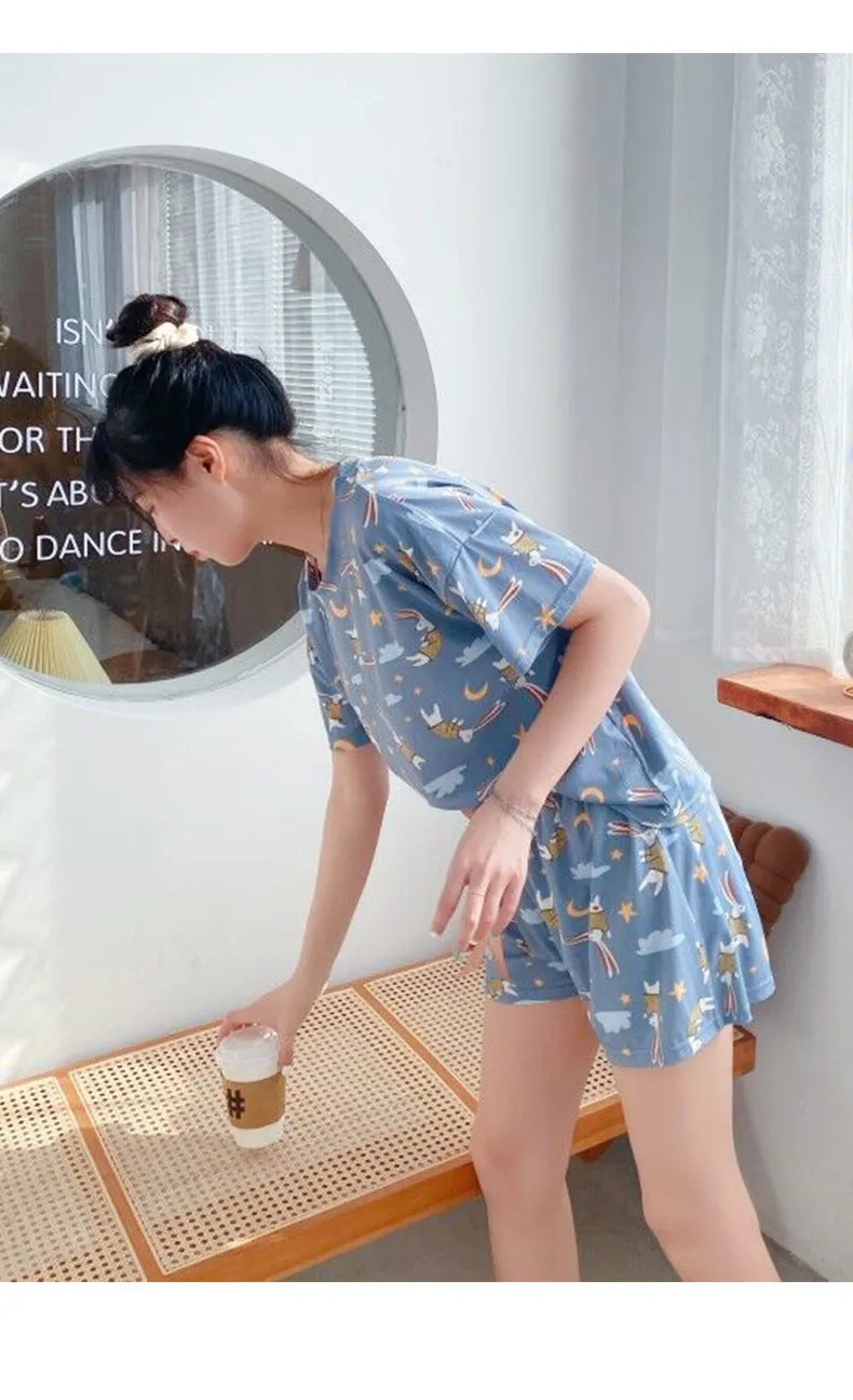 Pajamas Women Summer Silk Short Sleeve Shorts Korean Student Cartoon Outdoor Loungewear Two-Piece Sets Sleepwear