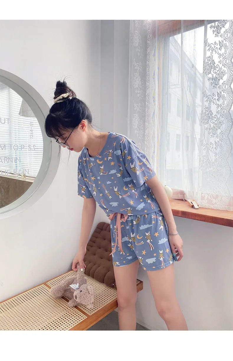 Pajamas Women Summer Silk Short Sleeve Shorts Korean Student Cartoon Outdoor Loungewear Two-Piece Sets Sleepwear