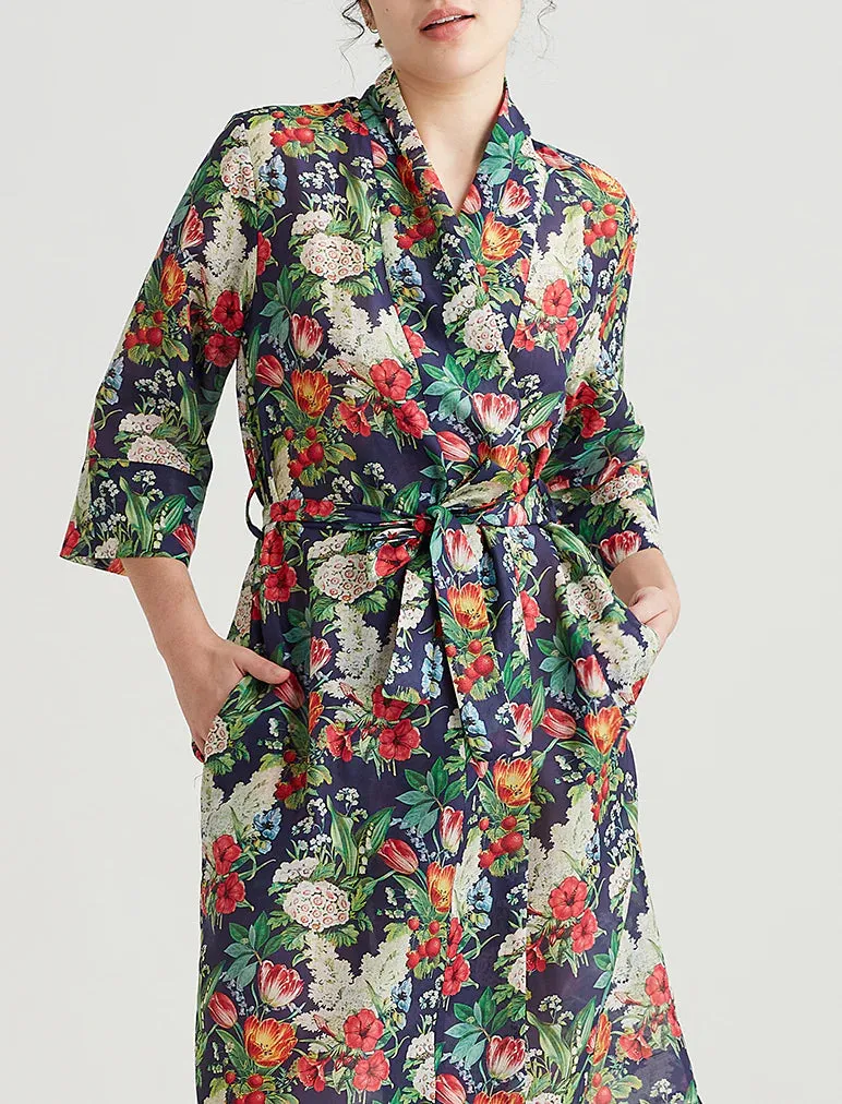 Papinelle - Clara Silk/Cotton Midi Robe | Navy