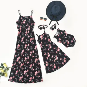 Parent child floral suspender Printed Dress Dress Dress