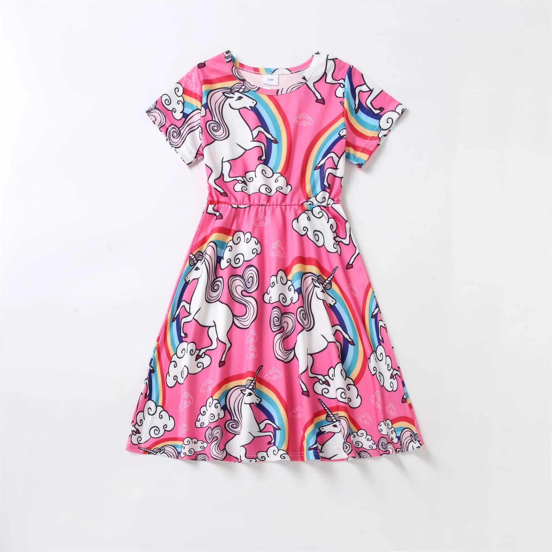 Parent child round neck short sleeve rainbow pony print dress