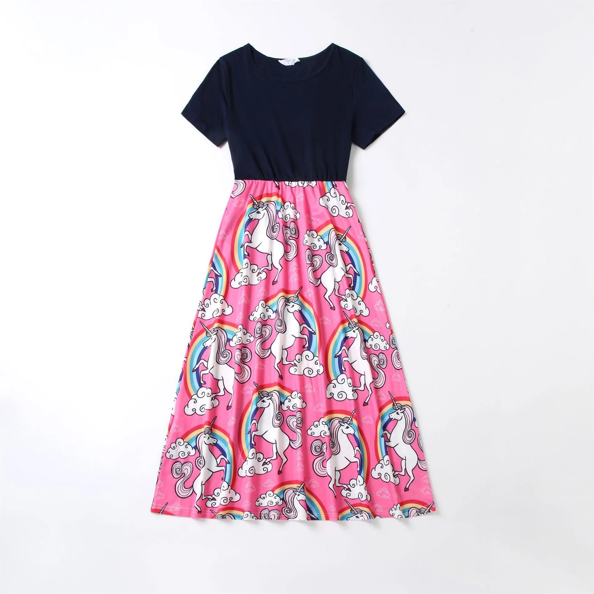 Parent child round neck short sleeve rainbow pony print dress