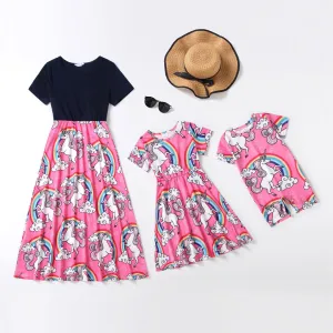 Parent child round neck short sleeve rainbow pony print dress