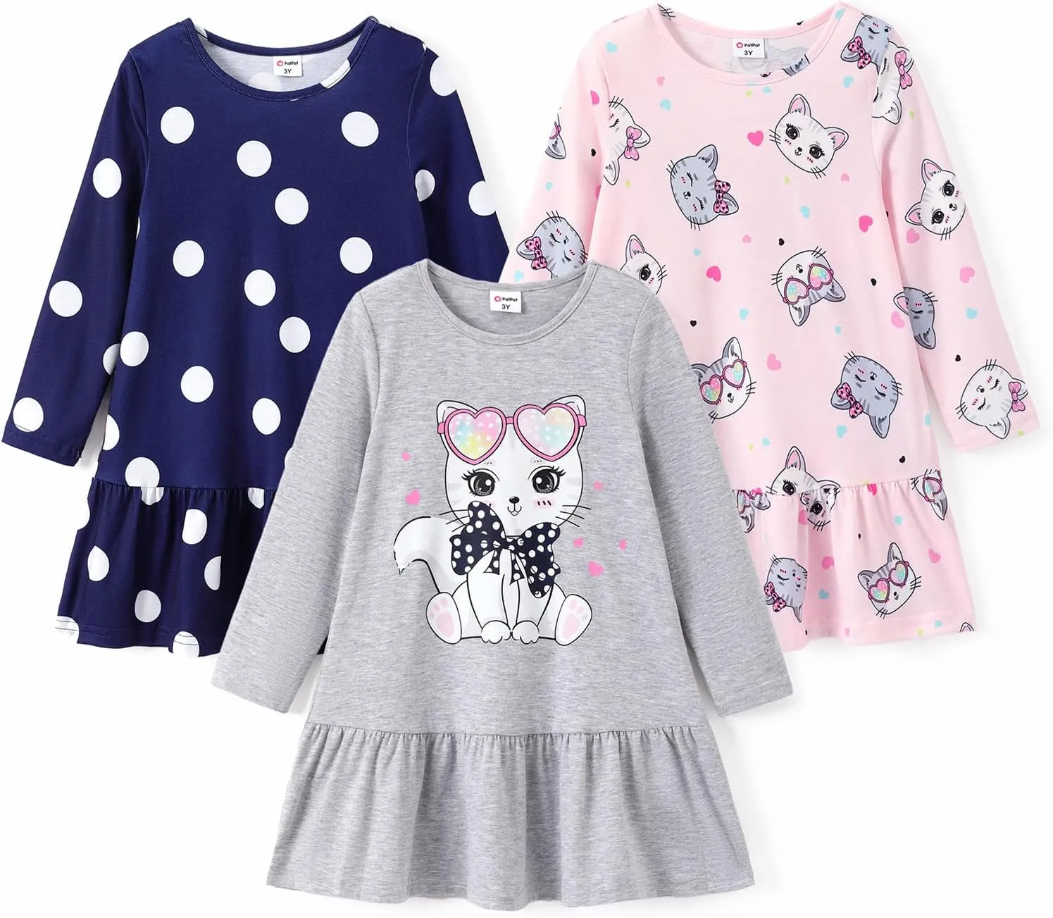 PATPAT Toddler Girls Long Sleeve Dress Skater Casual Prints 3-Pack Dresses Set 2-8 Years