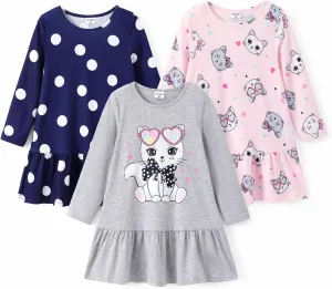 PATPAT Toddler Girls Long Sleeve Dress Skater Casual Prints 3-Pack Dresses Set 2-8 Years