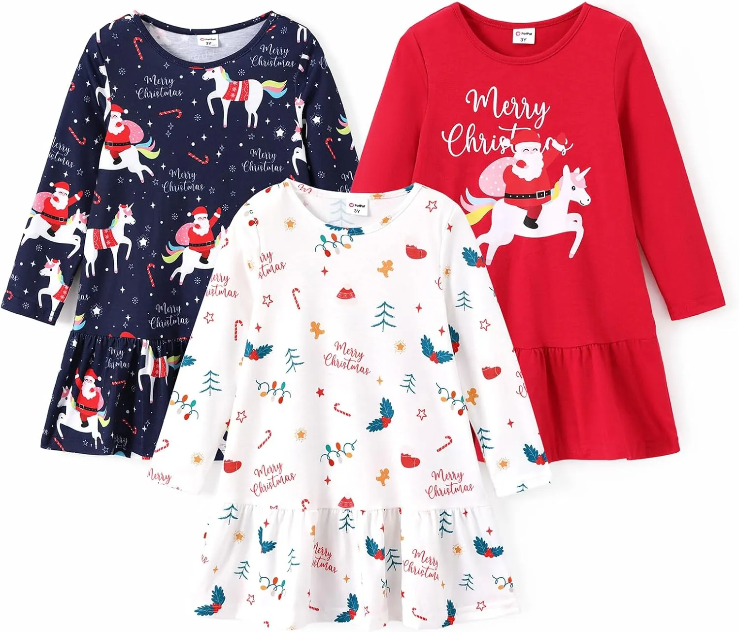 PATPAT Toddler Girls Long Sleeve Dress Skater Casual Prints 3-Pack Dresses Set 2-8 Years