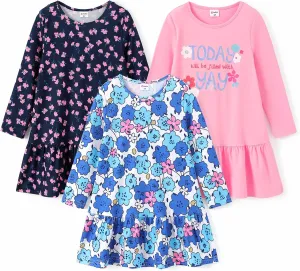 PATPAT Toddler Girls Long Sleeve Dress Skater Casual Prints 3-Pack Dresses Set 2-8 Years