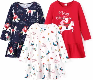 PATPAT Toddler Girls Long Sleeve Dress Skater Casual Prints 3-Pack Dresses Set 2-8 Years
